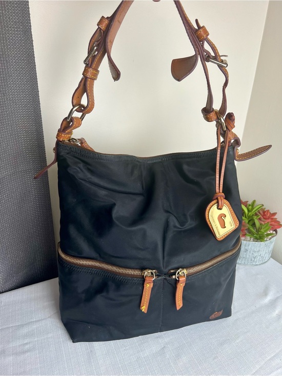 Dooney & Bourke Handbags - Dooney & Bourke Black Nylon Shoulder Bag with Brown Leather Trim